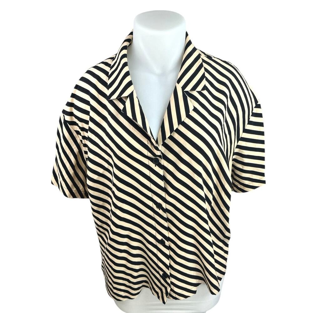 A New Day White Black Striped Short Sleeve Collar Button Up Shirt Blouse Top 3X